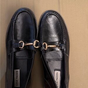 Steve Madden Black Leather Loafers with Gold Accents